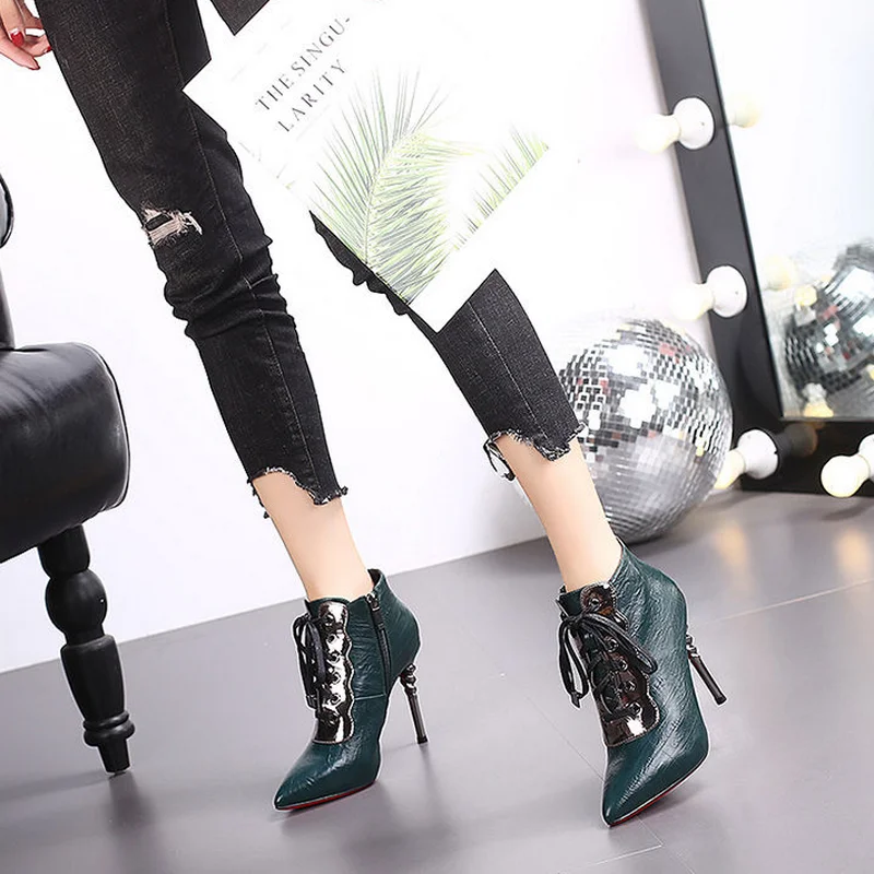 FHC 2024 New Women Naked Boots,High Heeled Autumn Shoes,Short Botas,Front Lace-up,Pointed Toe,34-39,Black,Green,Dropship