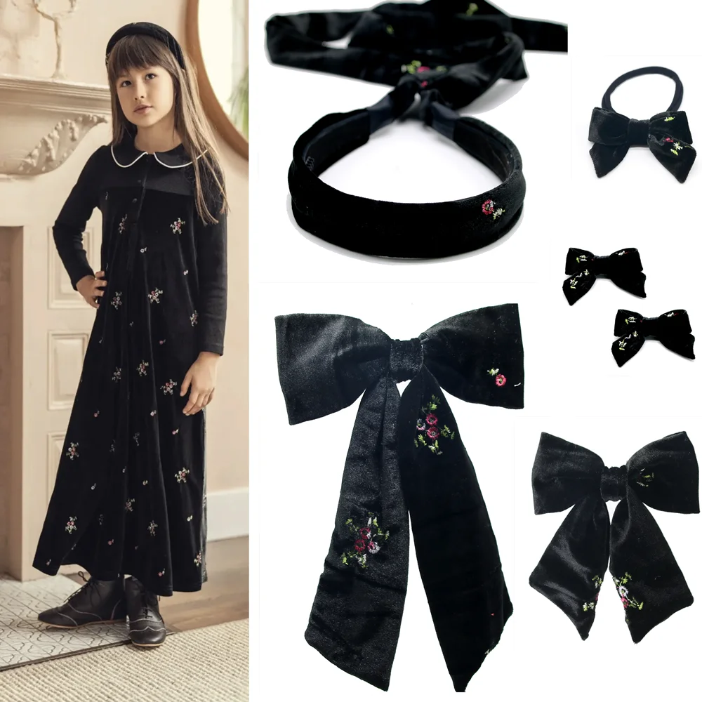 Girls Velvet Embrodiery Floral Girls Headband Elegant Hairbow Hair Accessories Dressy bow clip