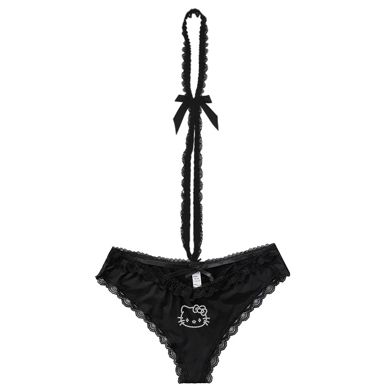 

HelloKitty Detachable Lace Butterfly Knot Mid-Waist Triangle Panties Women's Sexy Neck Hanging Design Pure Desire StyleUnderwear