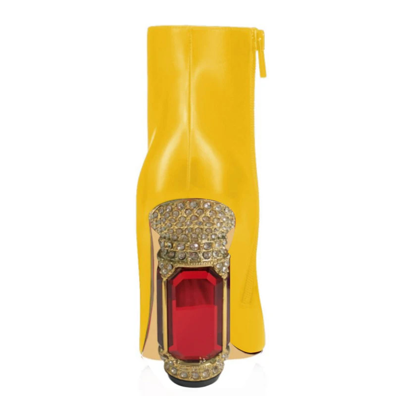 

SHOFOO Fashionable women's high-heeled boots. Yellow leather. Short boots. About 10.5 cm heel height. Crystal heel. Ankle boots.