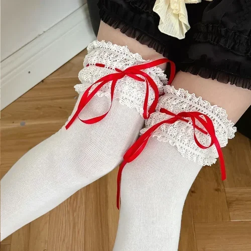 Imagen 2 del producto Calcetines por encima de la rodilla de Lolita, calcetines de algodón con lazo de encaje dulce, calcetines hasta la pantorrilla Kawaii, medias hasta el muslo, accesorios de Cosplay JK