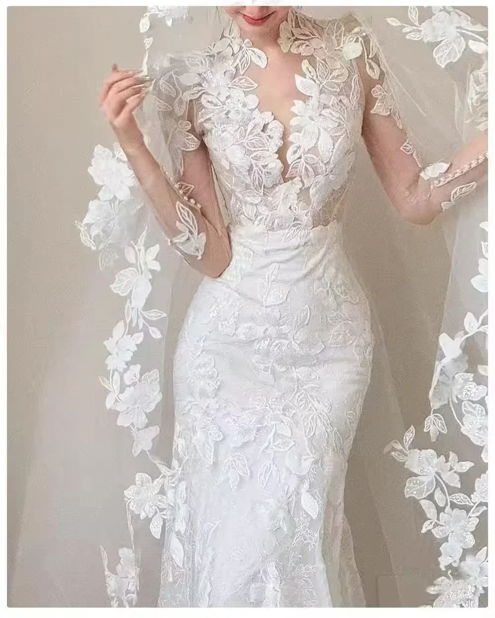 Jane Eyre فستان زفاف حورية البحر مزين حسب الطلب بأكمام طويلة ورقبة على شكل حرف v بدون ظهر فساتين زفاف لحفلات الزفاف فيستدو نوفيا