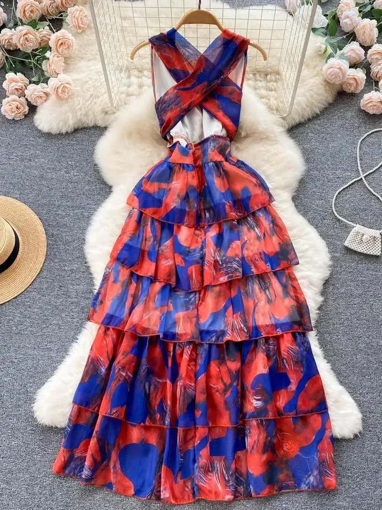 Robe longue bohème à volants en cascade pour femmes, robe maxi sexy, col en V, dos évidé, taille haute, vacances, plage, imprimé