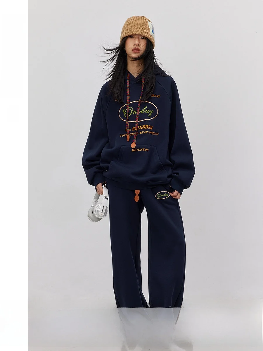 

ODonedu женская толстовка с вышивкой на подкладке и широкие брюки, комплект из двух предметов с высокой талией, повседневная спортивная одежда, ансамбль