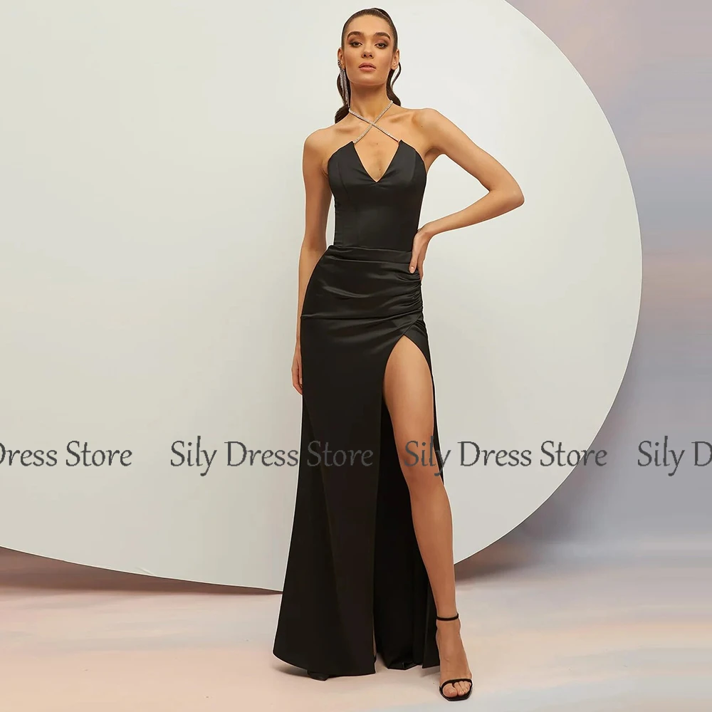 Sexy Dresses for Special Events Satin Mermaid/Trumpet Clubbing Dress Black Halter Criss-Cross Front Split Pleat Prom Gown Long