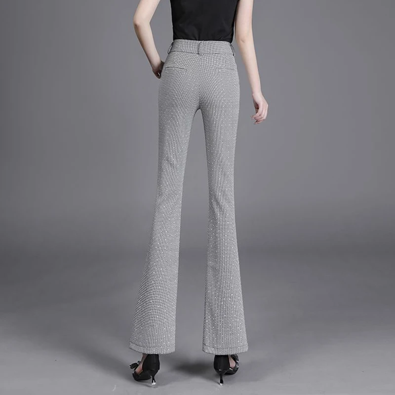 Pantalon évasé taille haute pour femme, vêtement de bureau, slim, à carreaux, chic, mode coréenne, gris, décontracté, surintendant, été