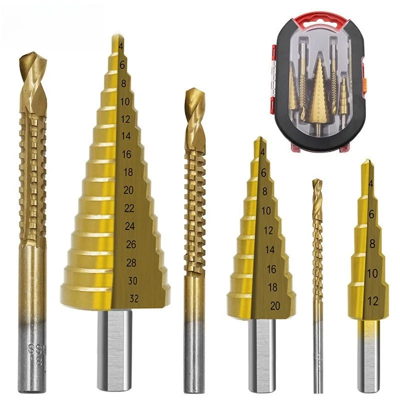Triangle Shank Step Drill Bit Set 6pcs Pagoda Drill Grooving Saw Drill for Woodworking