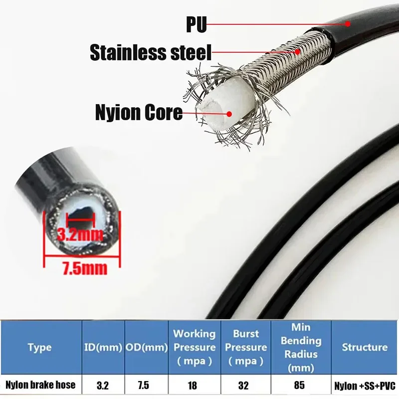 AN3 Moto Hydraulic Stainless Steel Braided Brake Hose Reinforced Brake Clutch Pipe M10 0° 28° 90° Front Rear Ptfe Brake Hose1/8