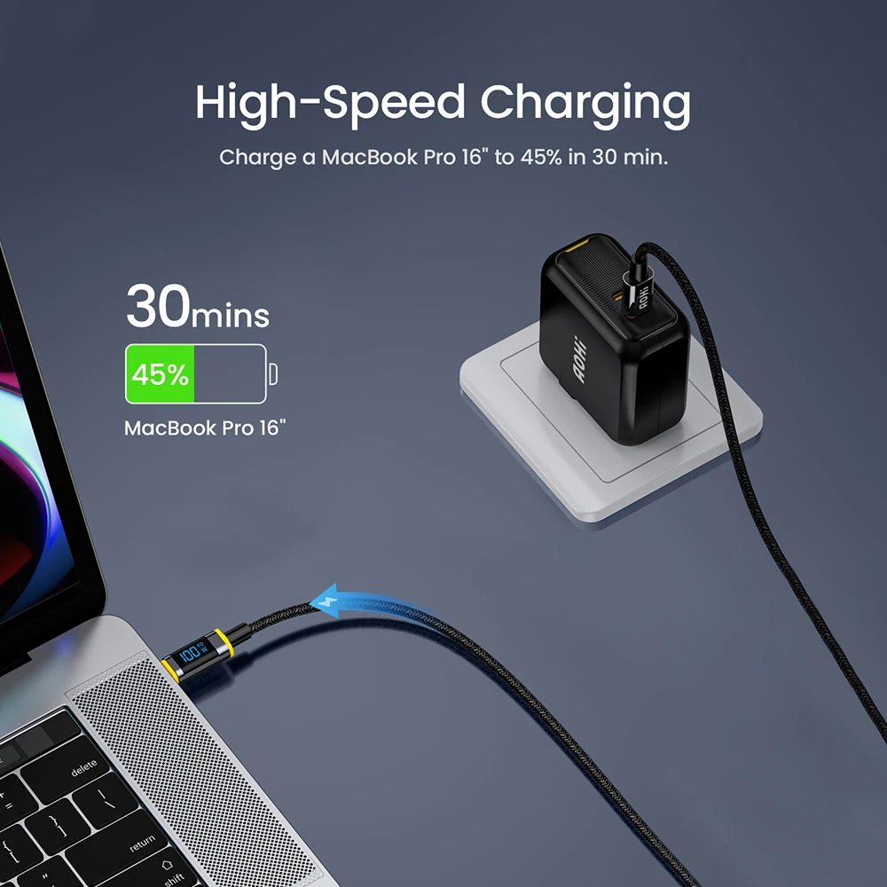 AOHI 1.2m USB C Cable 100W/140 PD Type C Fast Charge for Galaxy MacBook Huawei Xiaomi LED Digital Display Data Cord