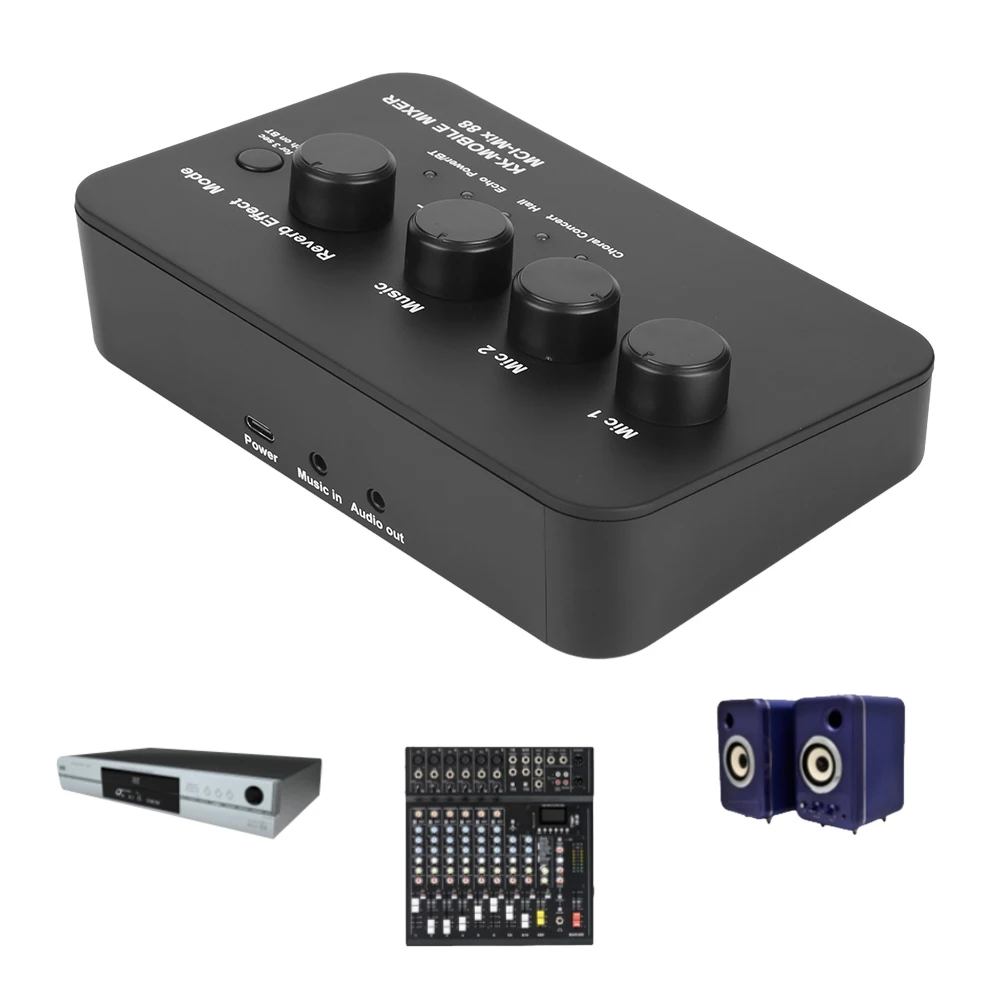 Mixer audio per karaoke compatto Connessione AUX BT da 3,5 mm con 2 ingressi microfoni Macchina per karaoke audio digitale per TV/PC e amplificatore