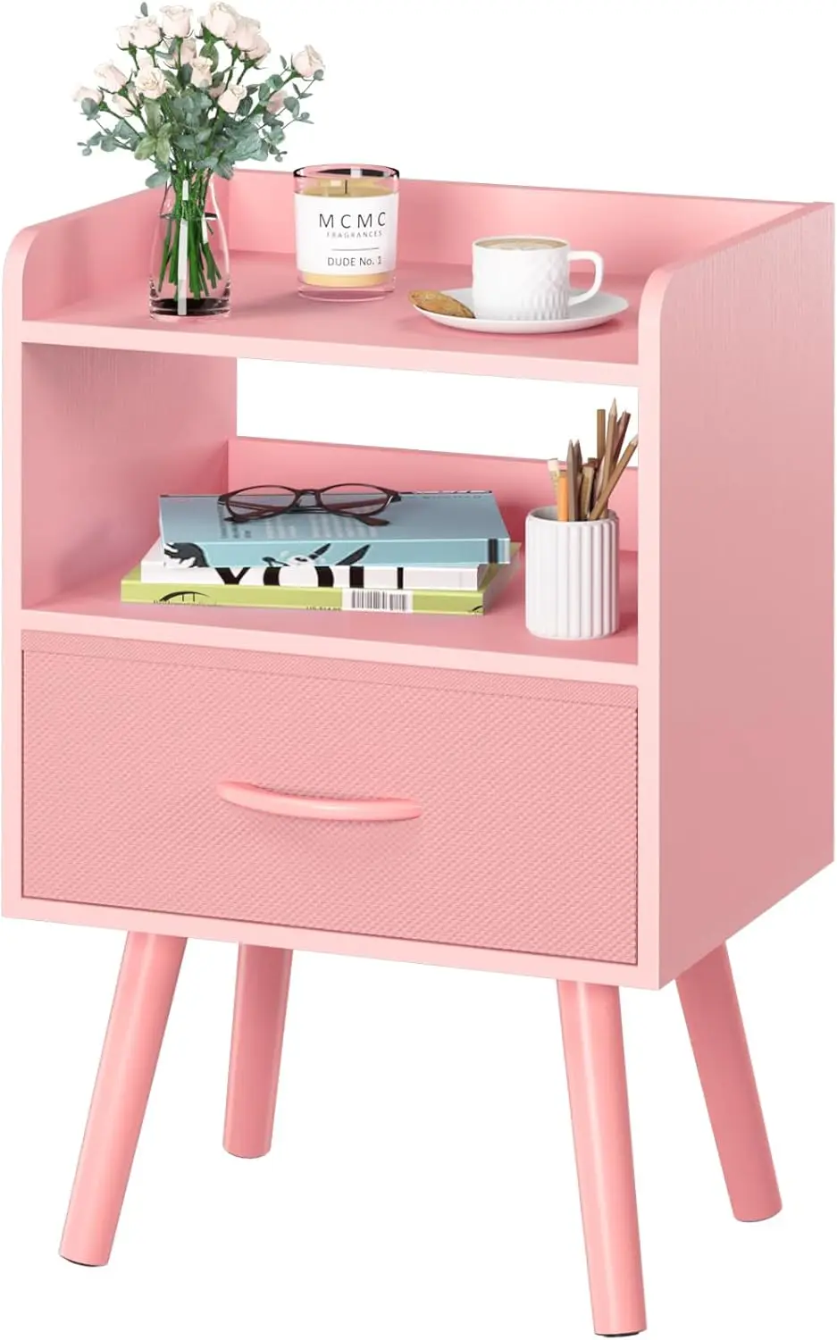 

Fabric Drawer, Modern Nightstand, Bedside Tables, Mid Century Nightstands with Open Storage Shelf, Wood