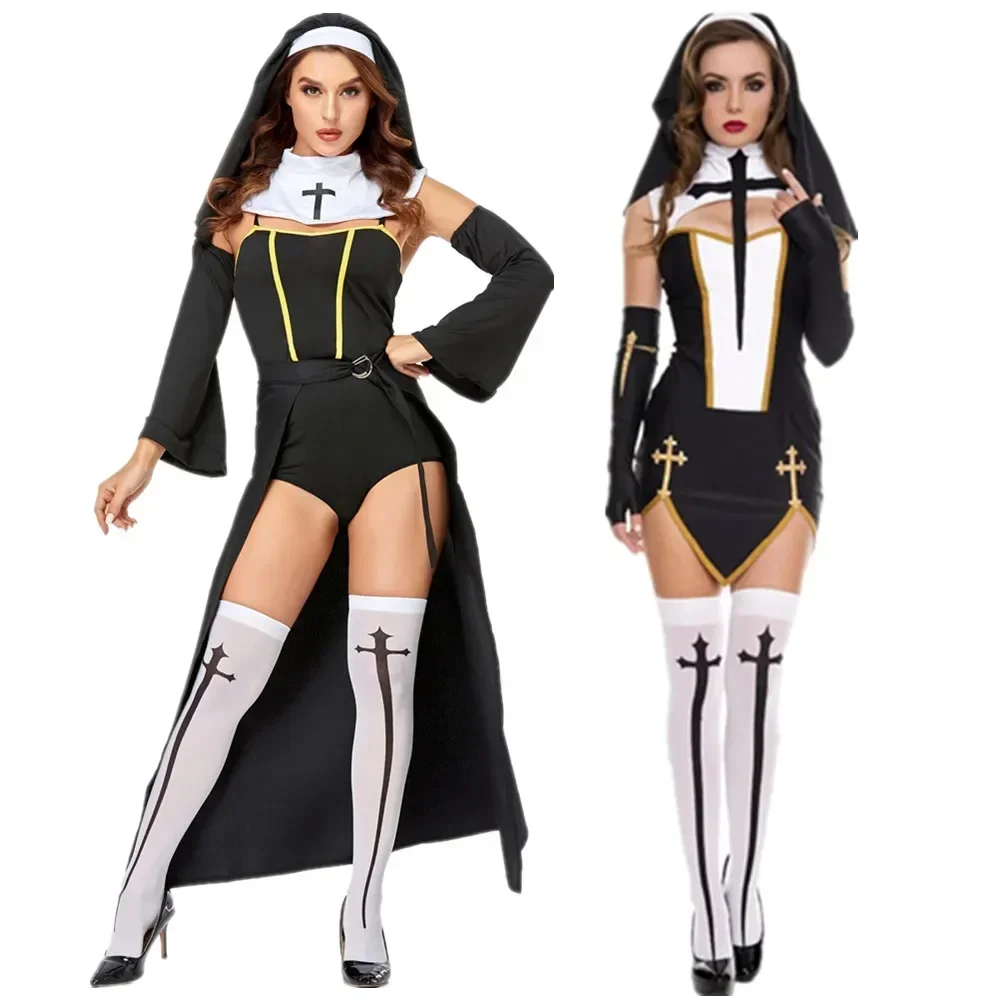 Volledige Set Sexy Slechte Gewoonte Nun Kostuum Vrouwen Exotische Rollenspel Uniform Adult Halloween Cosplay Religieuze   Dress