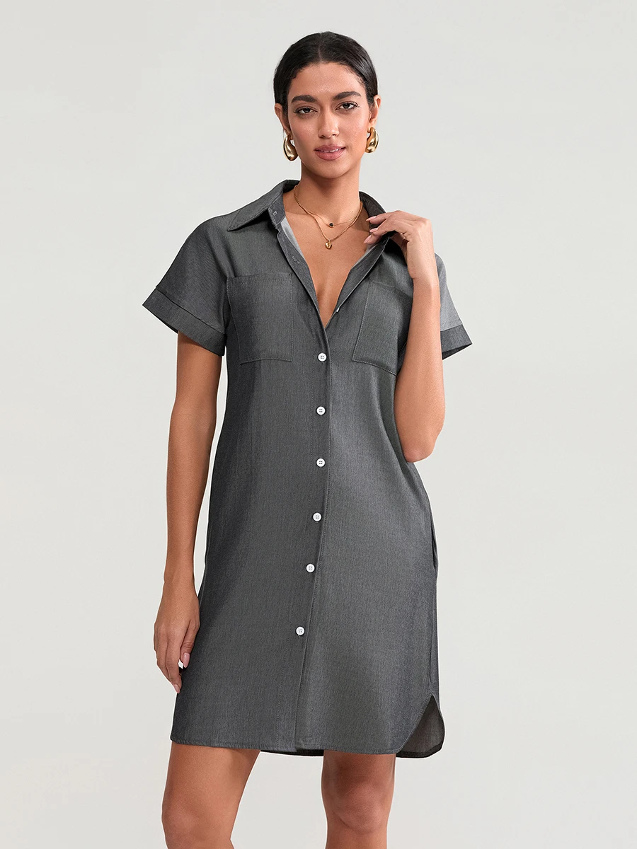 Women Denim Shirt Dress Button-down Pocket Lapel Neck Short Sleeve Curved Hemline Summer Dresses