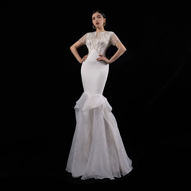 White Minimalist Evening Dress Custom Fashionable Short Sleeve Handmade Beading Lace Skirt Hem Elegant Party Gown H208-1