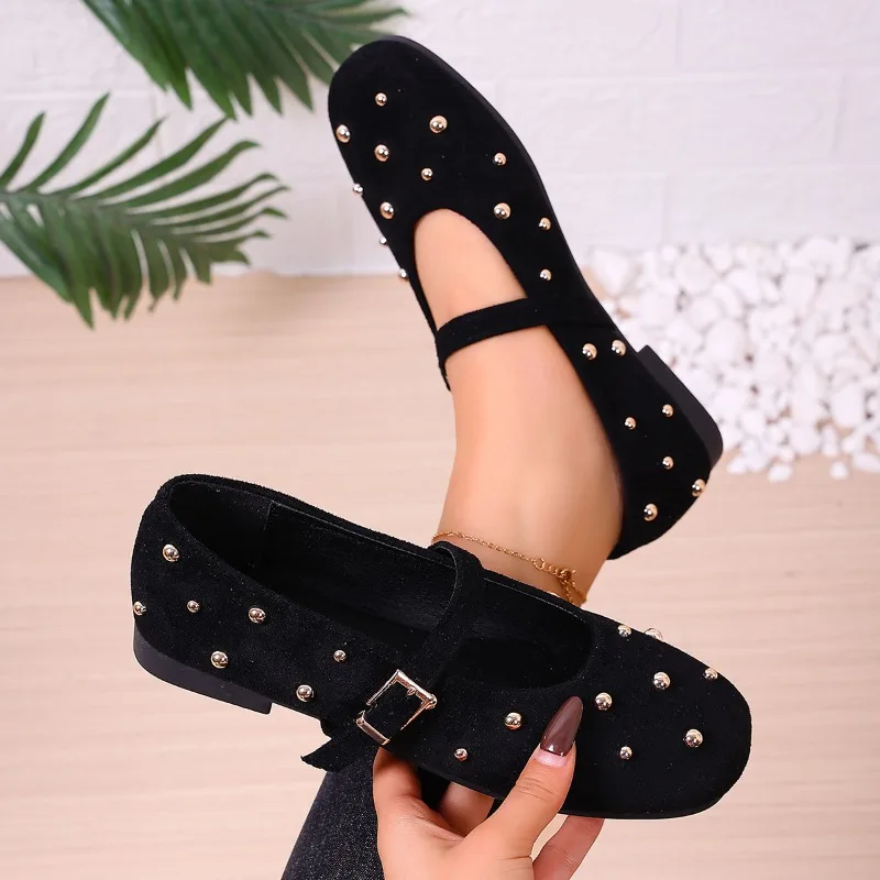 موضة لينة وحيد مشبك واحد حزام حذا فردي للسيدات 2025 جديد خمر حجر الراين جولة تو شقة ماري جين الأحذية