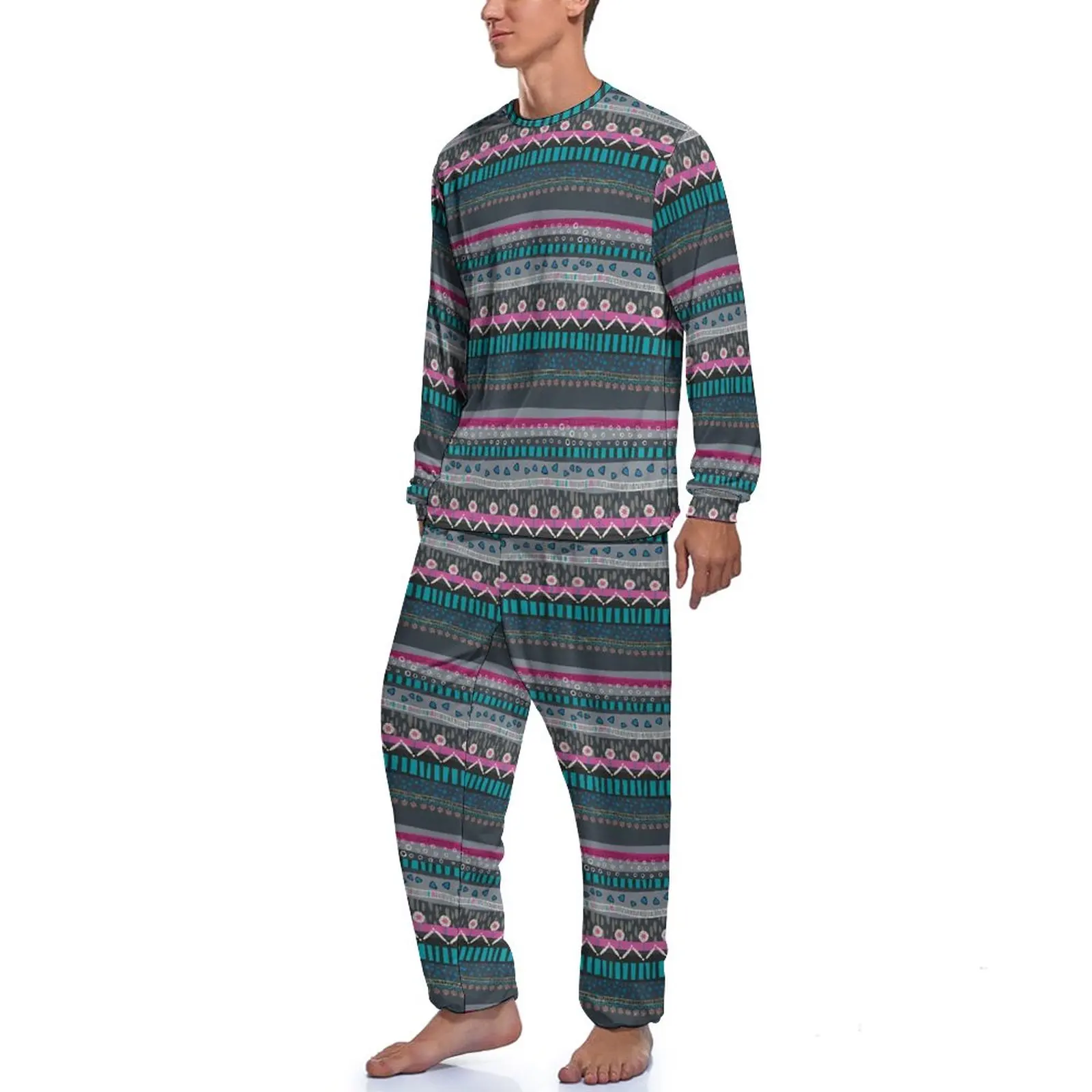 Floral Tribal Print Pajamas Men Grey Blue Warm Nightwear Spring Long Sleeves 2 Pieces Night Custom Pajama Sets