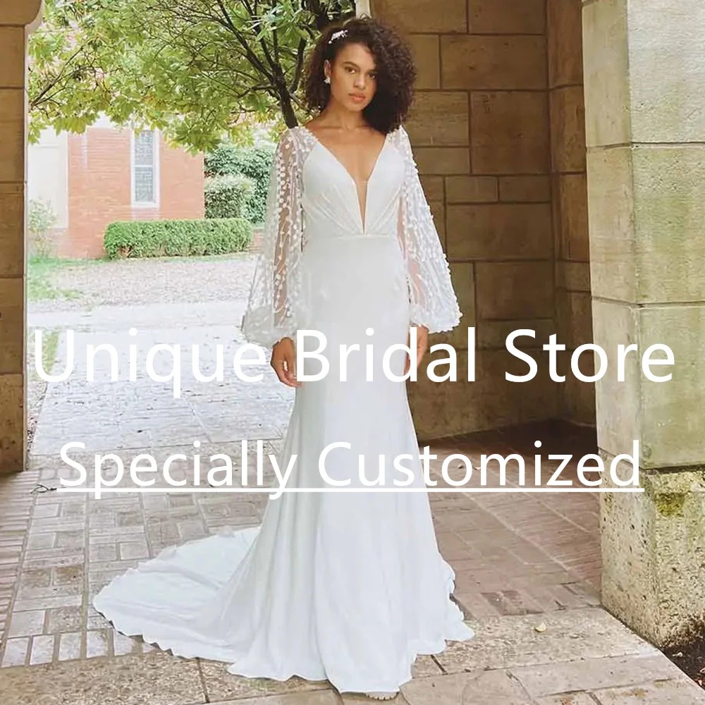 

Fashion Jersey Mermaid Bridal Gown V-Neck Applique Backless Covered Button Long Sleeve Sexy Court Train Vestido De Noiva