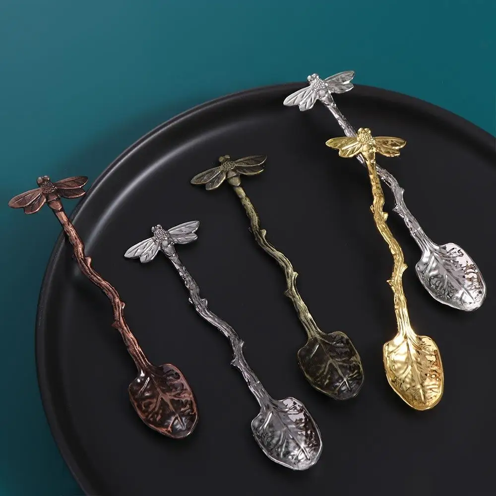 Tableware Twig Design Dragonfly Coffee Spoon Zinc Alloy Smooth Edges Dessert Spoon Vintage Teaspoon Afternoon Tea