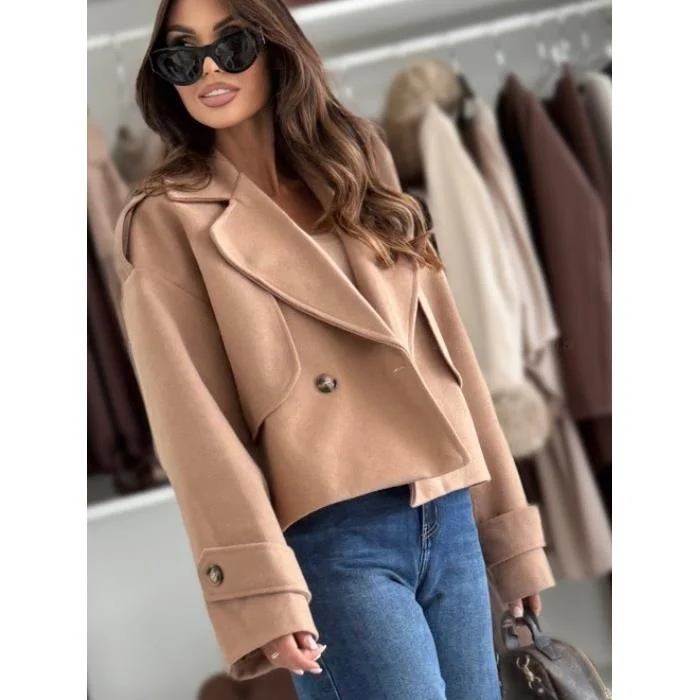 

Autumn Winter Khaki ort Casual Long Sve Woolen Coat Women's Loose Fit Double Breasted Suit Collar Jaet Daily Wear
