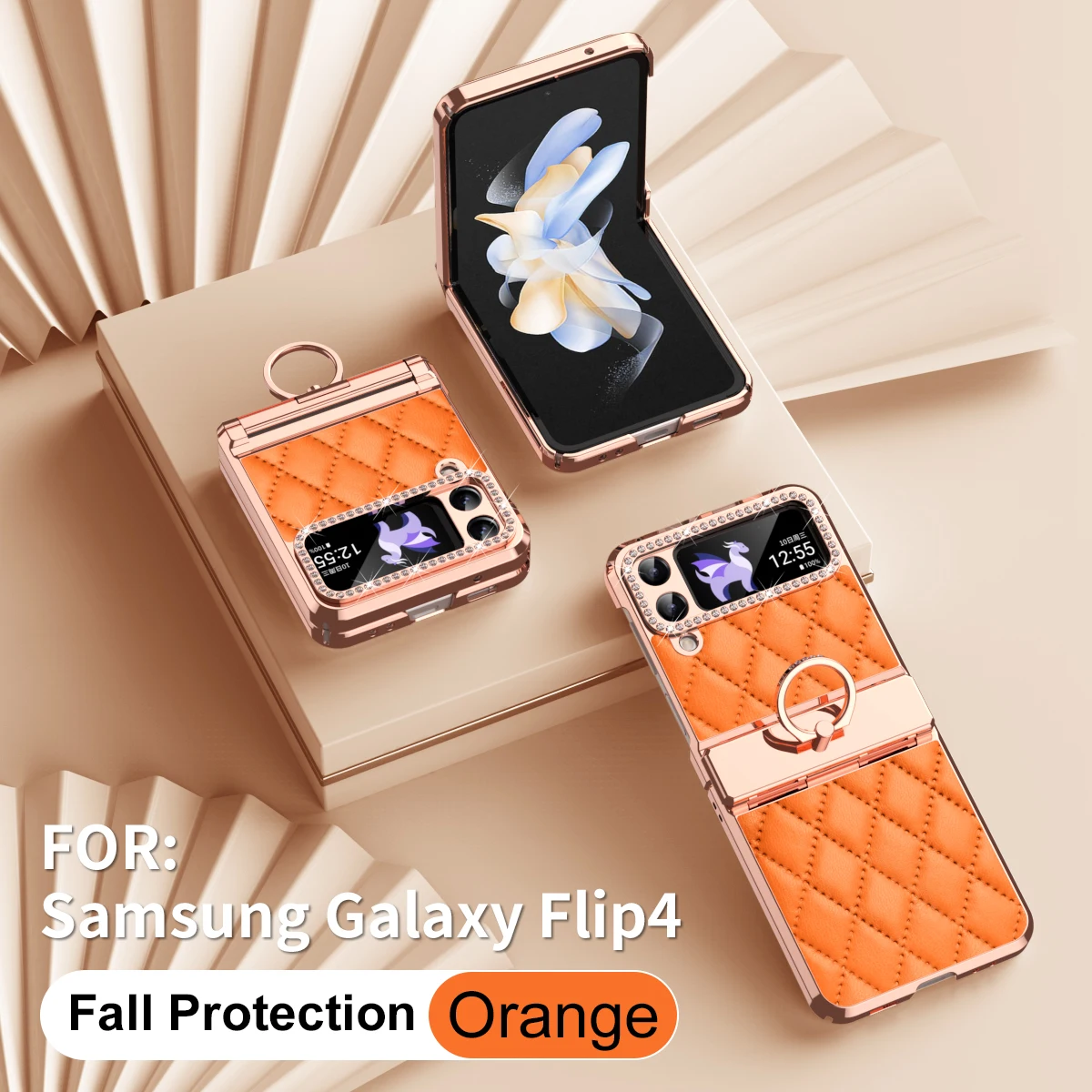 Etui Samsung Galaxy Z Flip 4 3, luksusowe etui ze skóry PU, twarde PC, galwanizowana ramka, zawias, odporna na wstrząsy, uchwyt pierścieniowy — zdjęcie 6