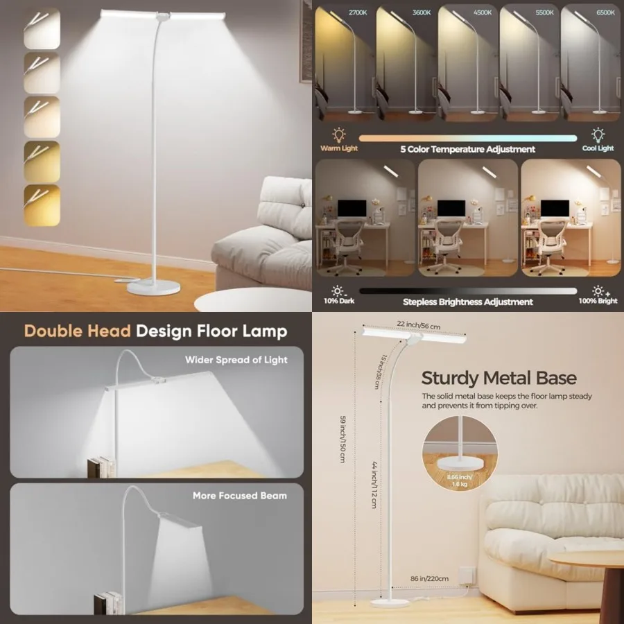 

LED Floor Lamp for Living Room, Bright Reading Lamps for Office, Adjustable Colors TemperaturesandBrightness, Dual Head Goose N