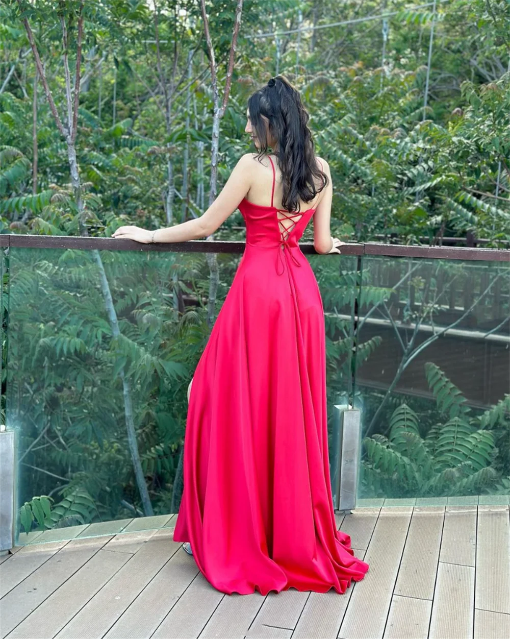 Jessica Simple Red Prom Dresses Satin A-line Side Slits Evening Dresses Sweet Corset Wedding Party Dress Robes De Soirée