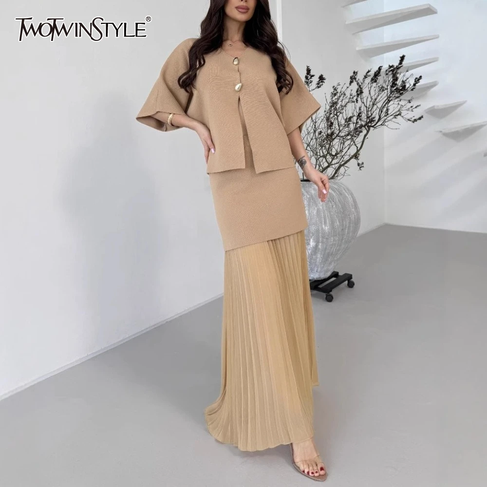 

TWOTWINSTYLE Basics Women's Two Piece Set V Neck Half Sleeve Spliced ​​button Knitted Top High Waist Pleated Skirt Suit Female