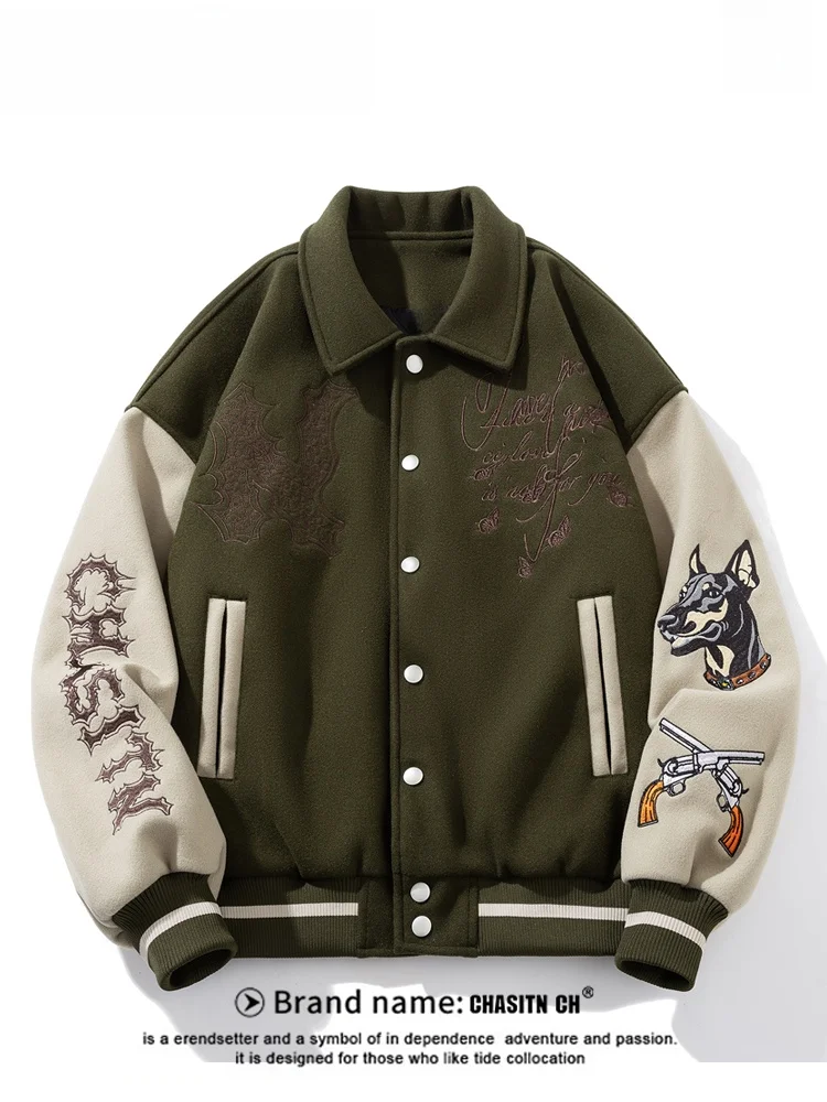 

Мужская осенне-зимняя куртка-бомбер из шерстяной ткани с вышивкой в американском стиле, новая свободная бейсбольная куртка в повседневном стиле