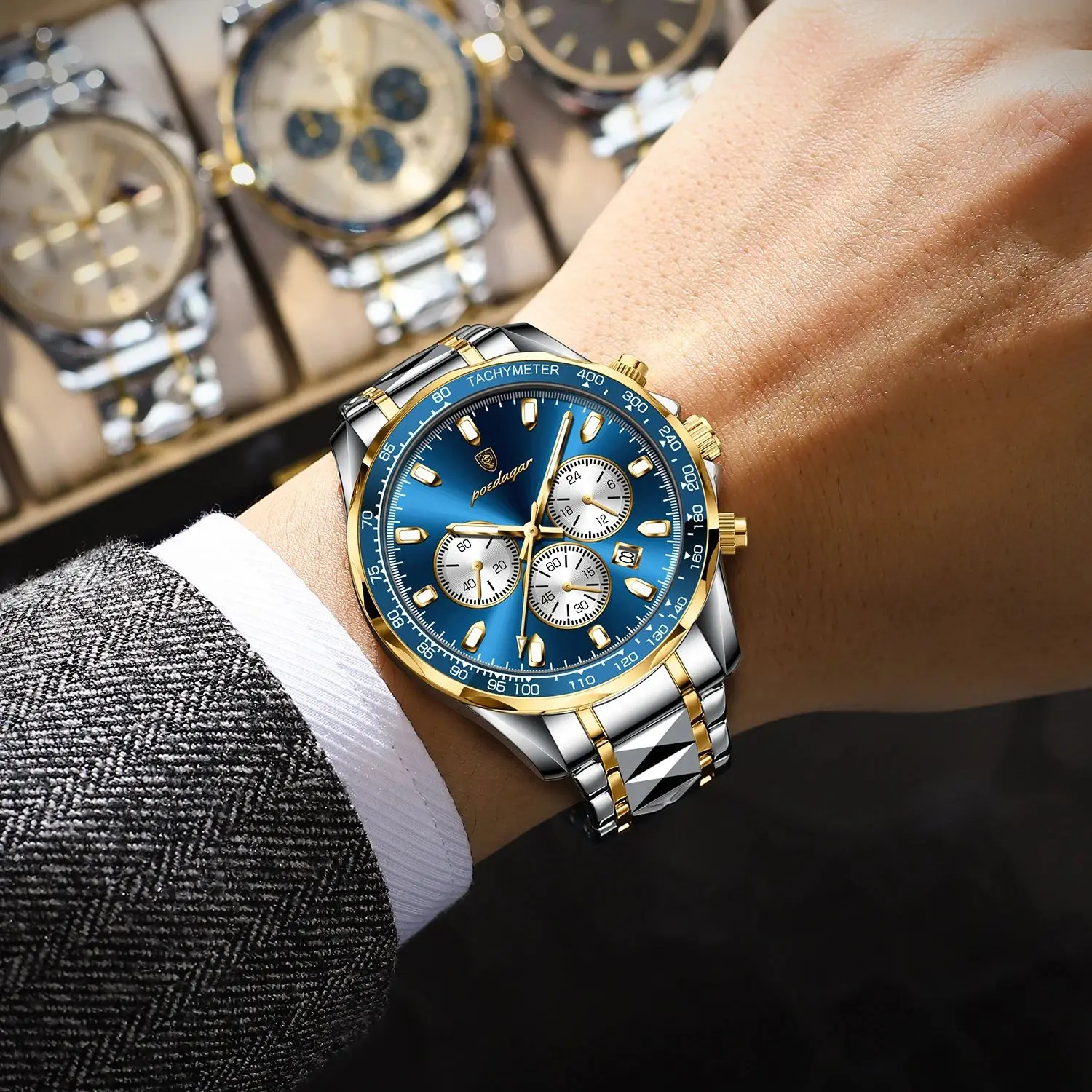 POEDAGAR หรูหรานาฬิกาผู้ชายกันน้ําส่องสว่างวันที่นาฬิกาโครโนกราฟสําหรับผู้ชายสแตนเลสแฟชั่นกีฬาควอตซ์ผู้ชายนาฬิกา