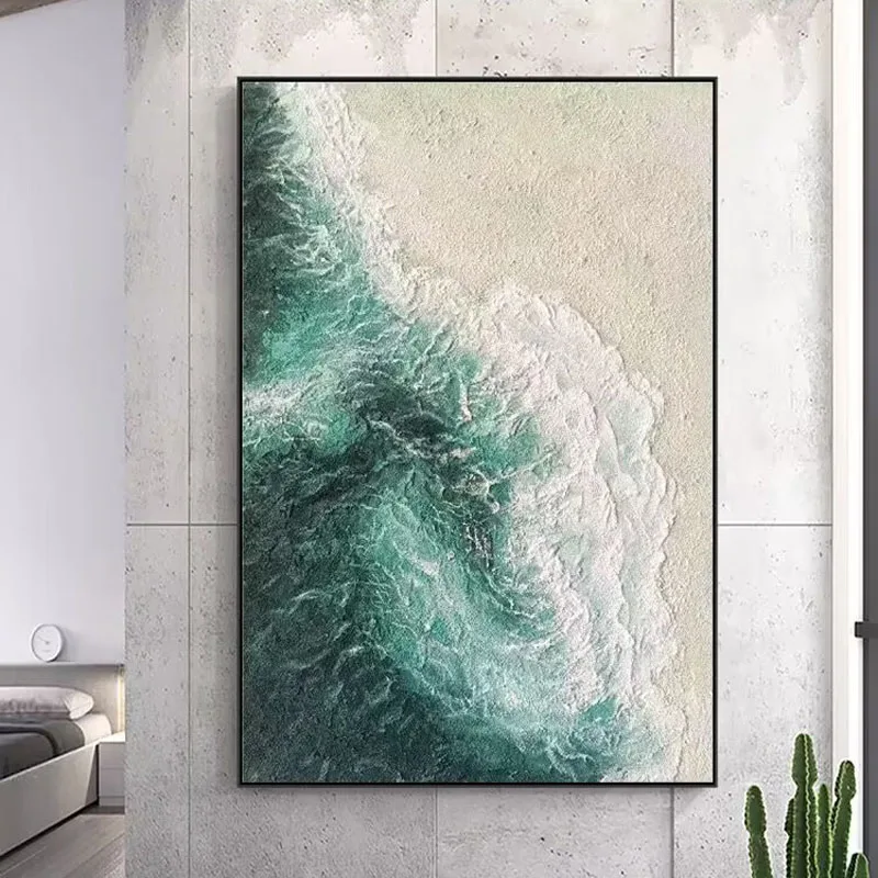 Green Waves Hand Drawn Oil Painting Italian Simplicity Beach Decoration Painting Living Room Sandstone Texture Hanging Painting