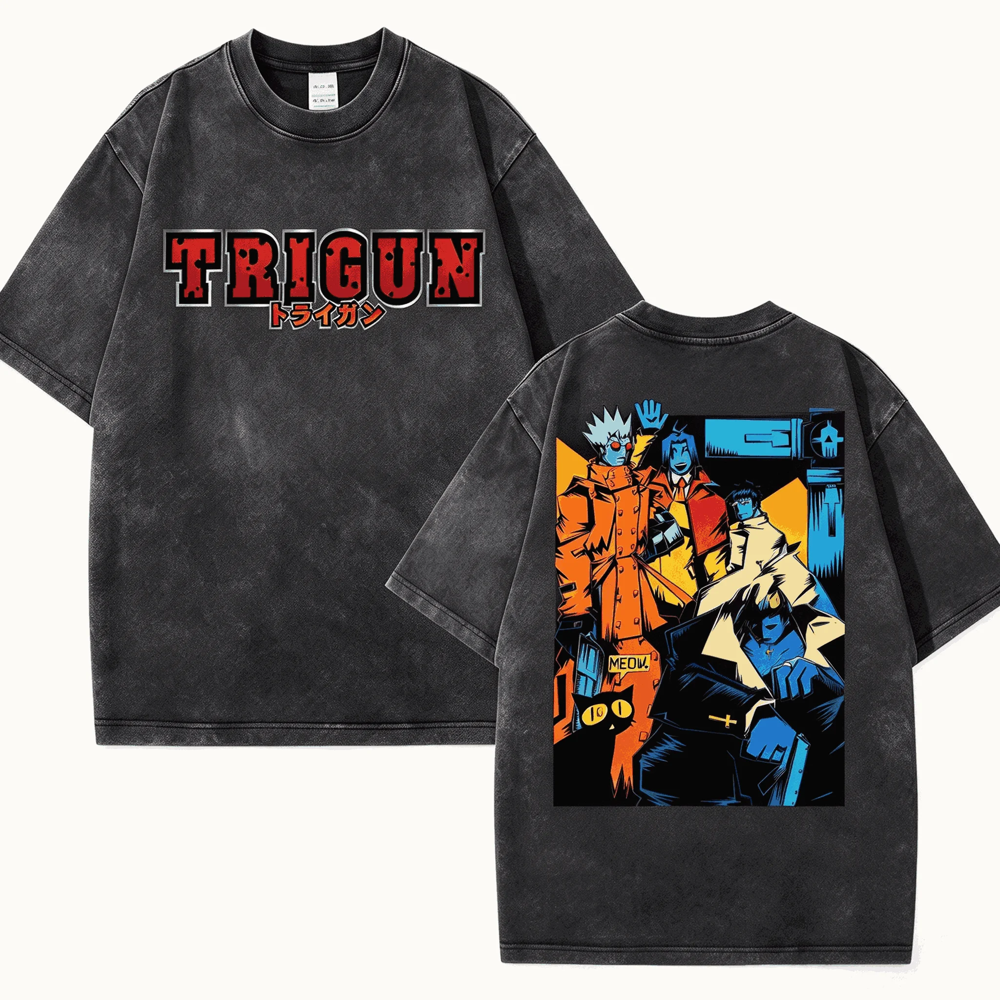 Trigun Washed T-shirt Oversized Unisex Fashion Vintage Hip Hop Streetwear Cotton Vintage Loose Street Street T Shirt Casual soft