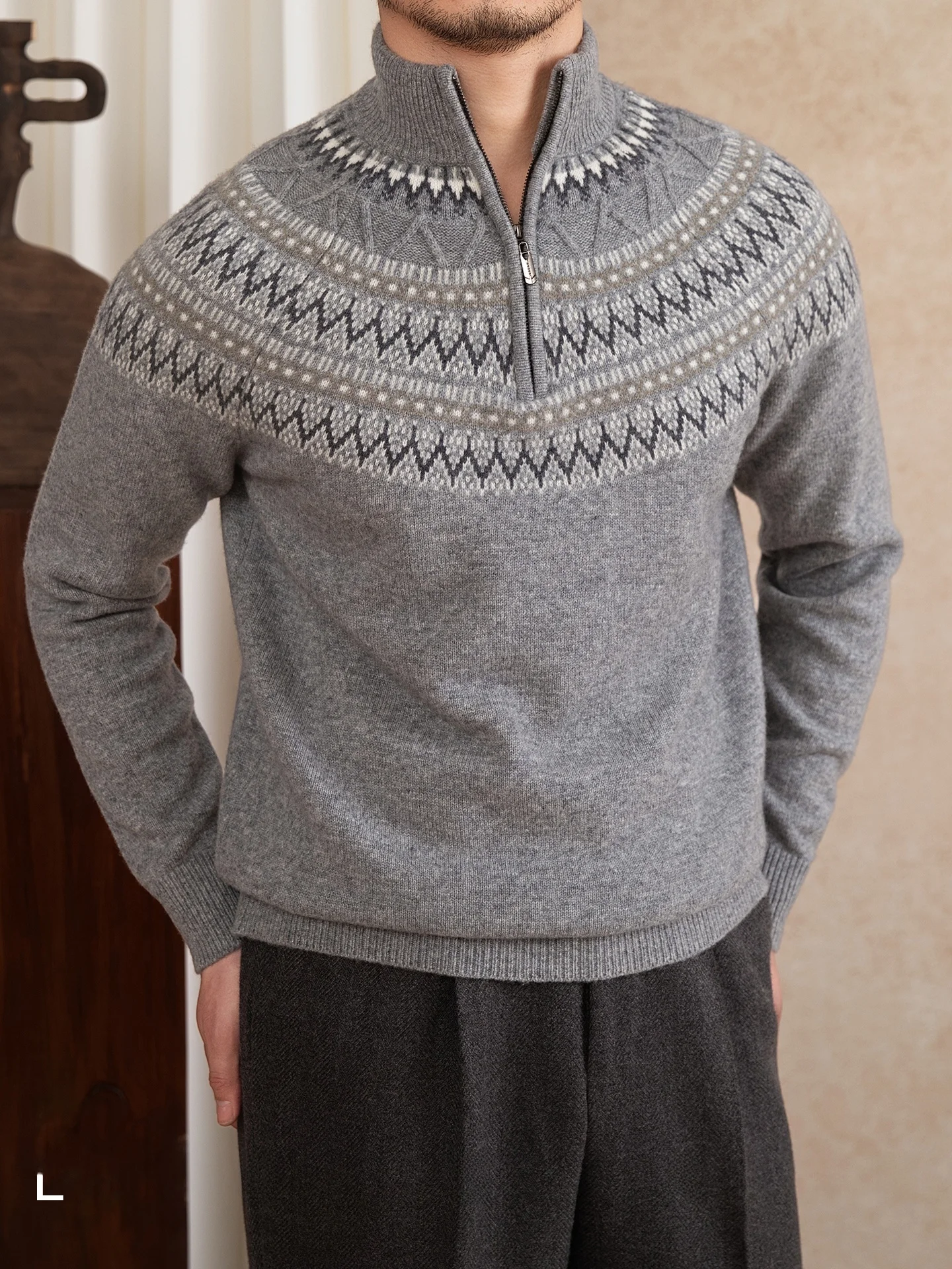 

Мистер. Свитер Deer Tee из 100% шерсти Fair Isle, осенне-зимний, приталенный, с воротником, вышивкой, теплый, модный, в стиле ретро, вязаный