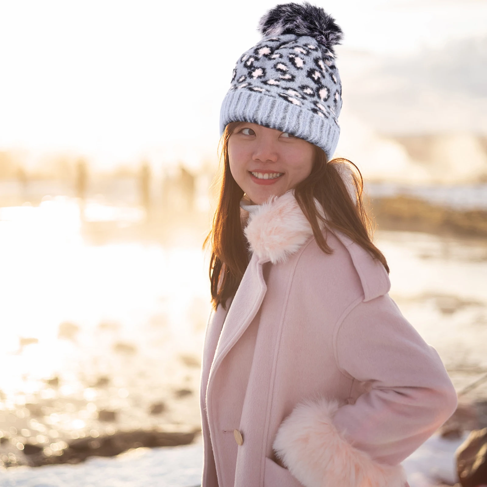 

Warm Knitted Hat Leopard Print Beanie Winter Hats Woolen Soft Faux Pompom Comfortable Women Girls Lightweight Stylish