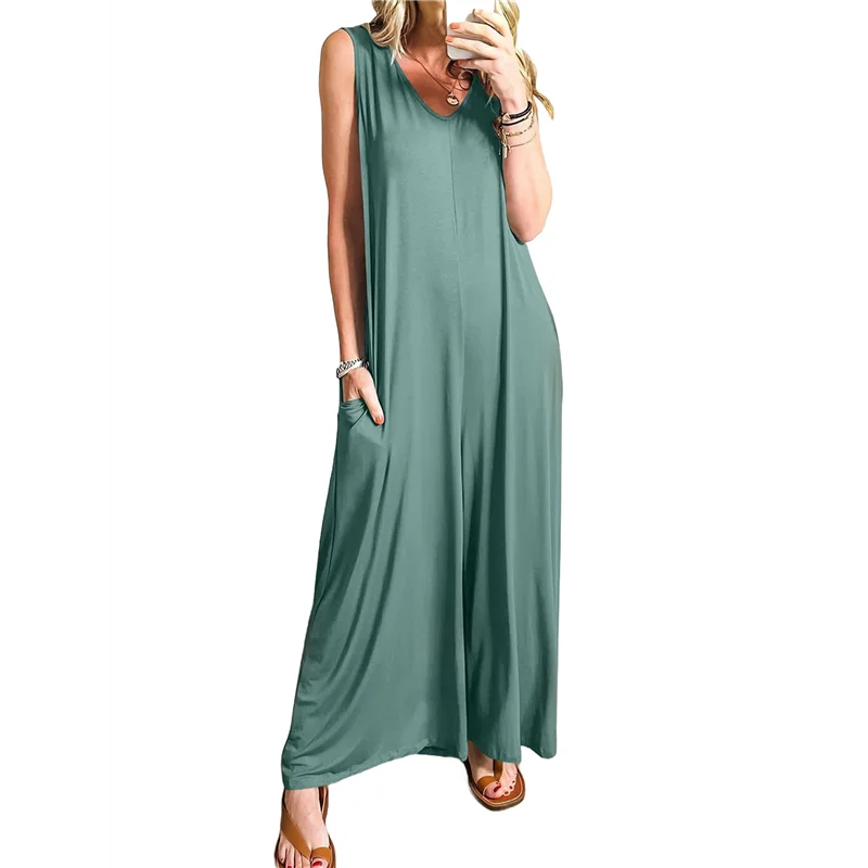 ABRT-dames casual zomer losse jumpsuits mouwloos V-hals wijde pijpen lange rompertjes baggy met zakken
