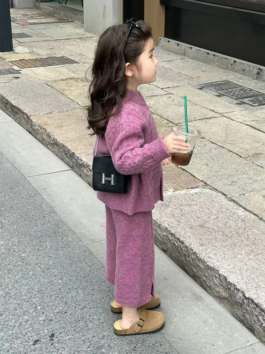 

Girl Clothes Suit Korean Children Clothes 2023 Autumn New Purple Knitted Crewneck Sweater Girl Foreign Style Top Flared Pants