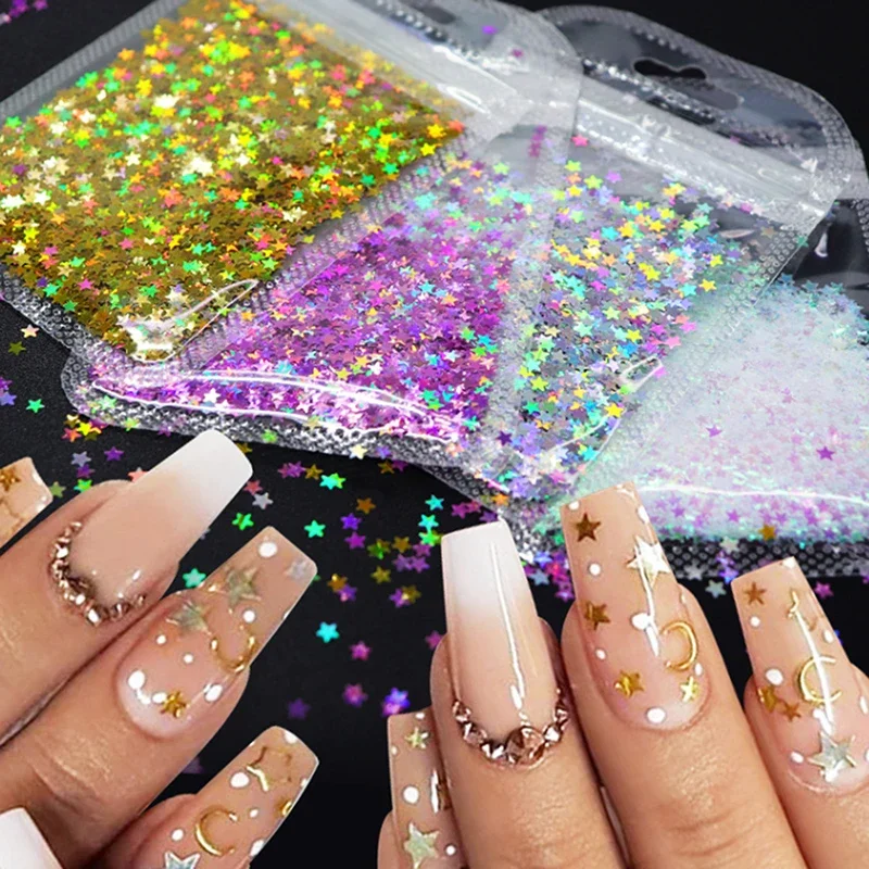 Charme 3mm Stern Bling Dekoration Zubehör Farbe Holographische Laser Nagel Glitter Mix Stern Form Für Nail art Nagel