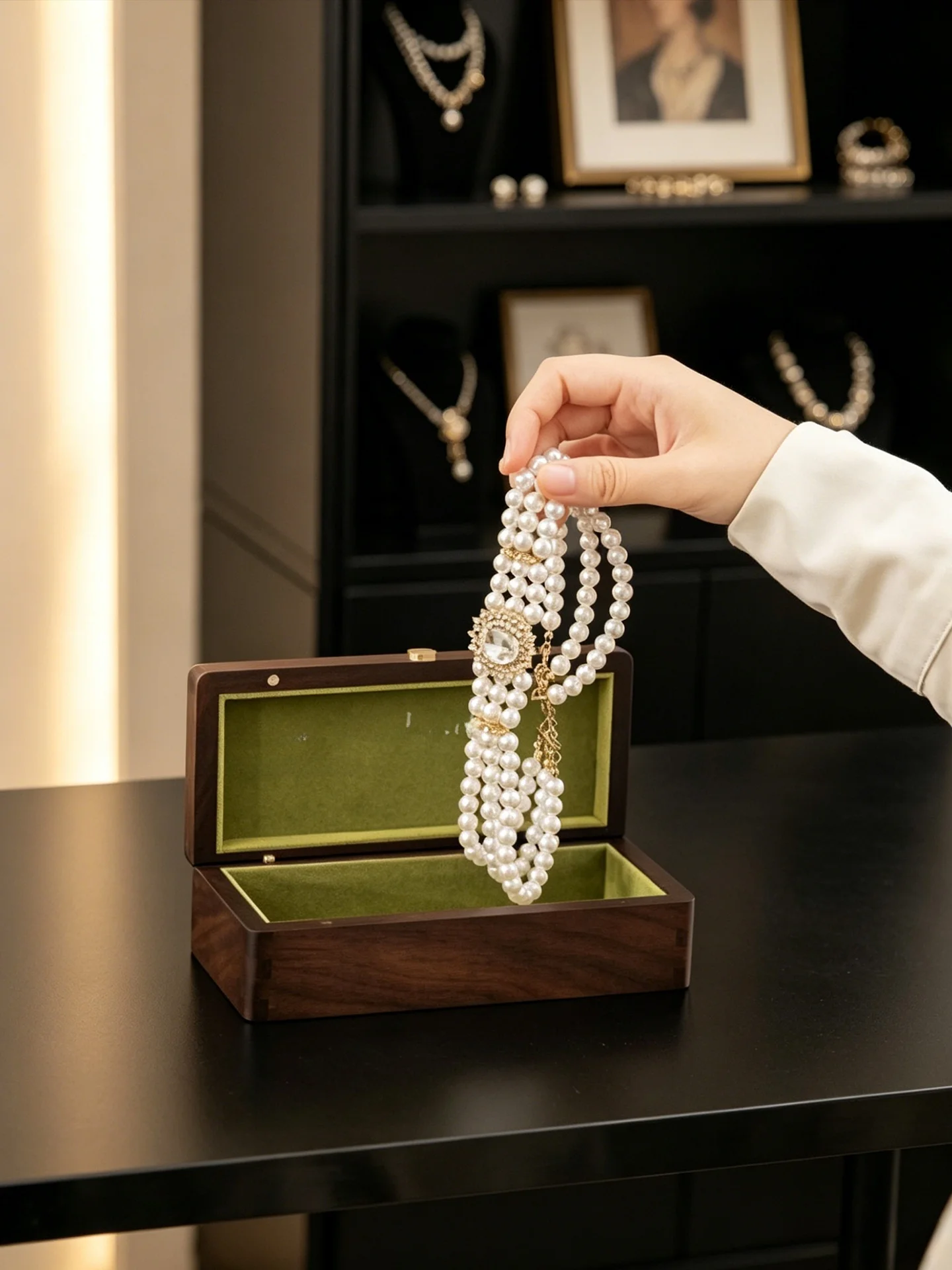 

Элитная шкатулка для хранения жемчужных ожерелий, прямоугольный деревянный сундук из черного ореха с антиоксидантным покрытием, роскошный футляр для украшений ручной работы в винтажном стиле