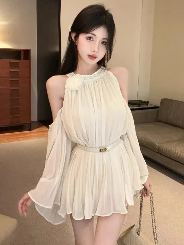 

Elegant Hollow out Shoulder Chiffon Shirt Women's Mid-Length Top Luxury Lightweight Age-Defying Waist-Cinching Autumn Fashion