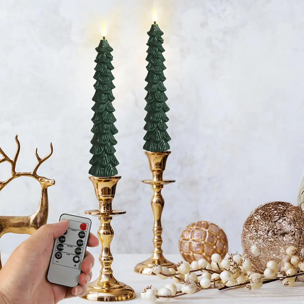 

4 Pcs Christmas Tree Candle Waxy Look Flameless Taper Candles Green LED Candlestick with 3D Flickering Flame for Xmas Home Decor