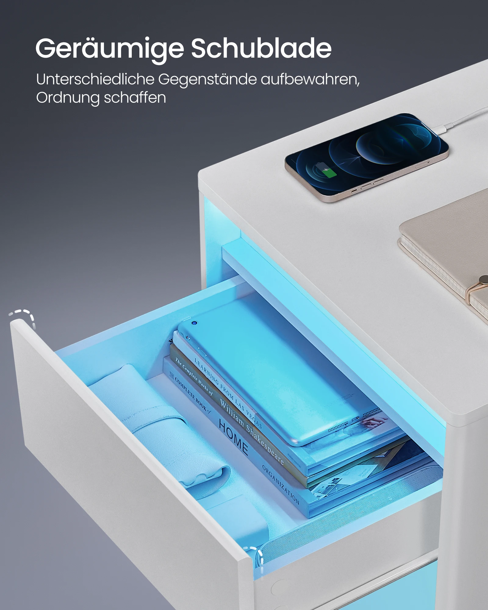 طاولة بجانب السرير مع إضاءة ليد قابلة للتعديل ، طاولة جانبية مع مآخذ ، درج ، 2 مآخذ تيار متردد ، 2 منفذ USB #5