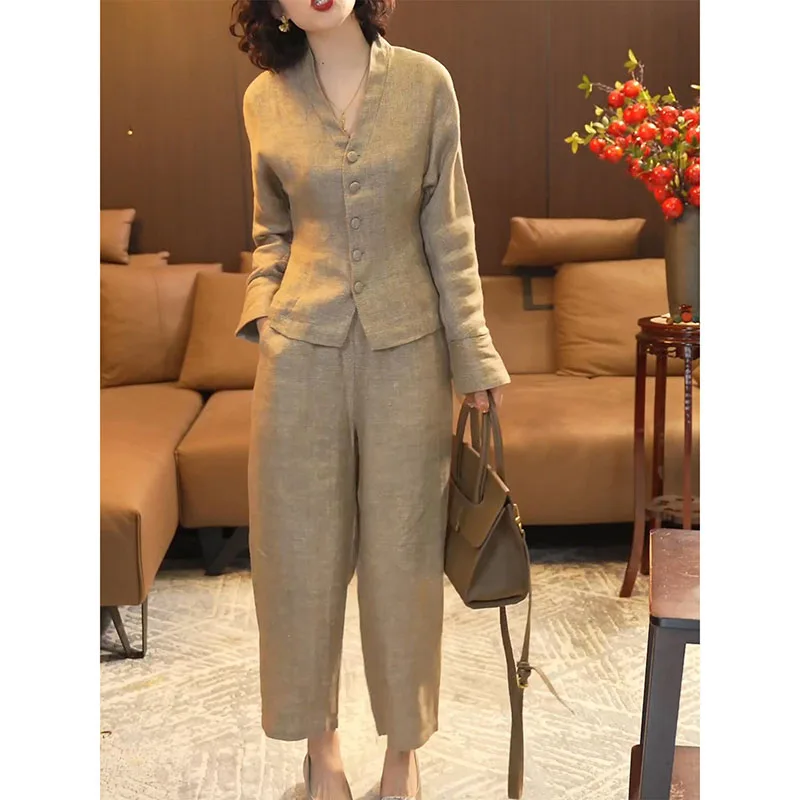 

Simple Cotton Linen Women's Suits Summer Fashion Long Sleeve Loose Blouse Wide Leg Pants Two Piece Set For Women Casual Outfits