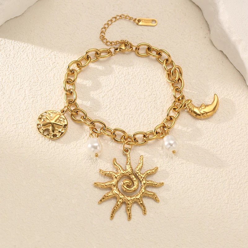 EILIECK 316L Edelstahl Goldfarbenes Trendiges Mond-Sonne-förmiges Halsketten-Armband-Set für Frauen Romantisches Schmuckset Urlaubsgeschenk – Detail 14
