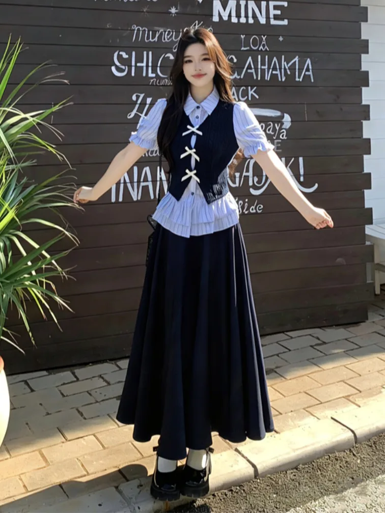 

plus Size Women's Summer Shirt And Skirt Set Korean College Style Striped Elastic Waist Half Skirt Two Piece Outfit Casual Fa...