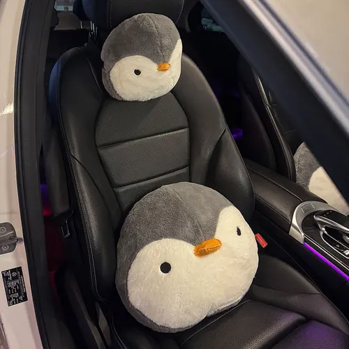 Imagen 1 del producto Adorable juego de almohadas para coche con pingüino: reposacabezas súper suave y soporte lumbar, alivia la fatiga de conducción, disfruta del viaje