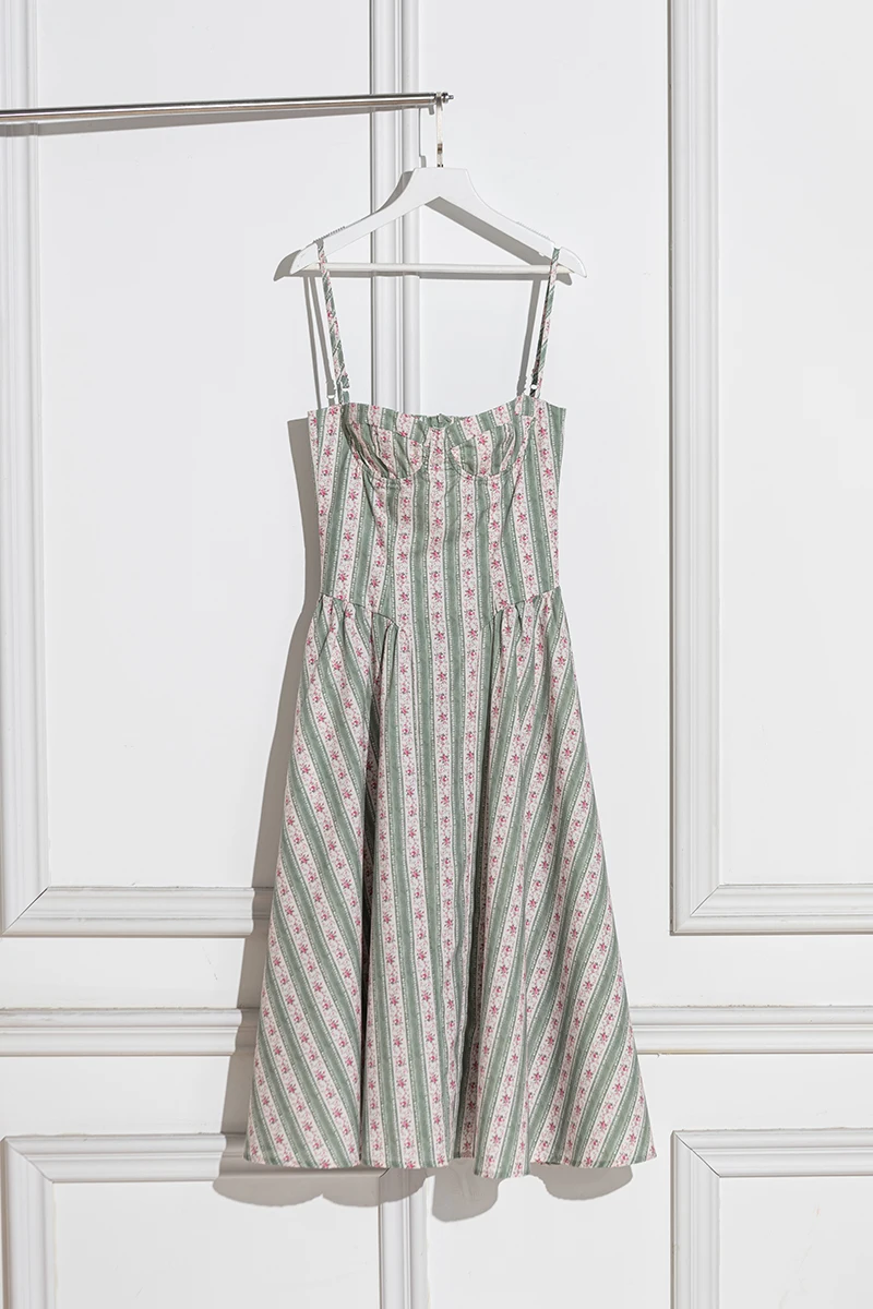 สีเขียวลายดอกไม้พิมพ์สปาเก็ตตี้เซ็กซี่ชุดผู้หญิง A-Line Midi วันหยุดปาร์ตี้ฤดูร้อน Robe