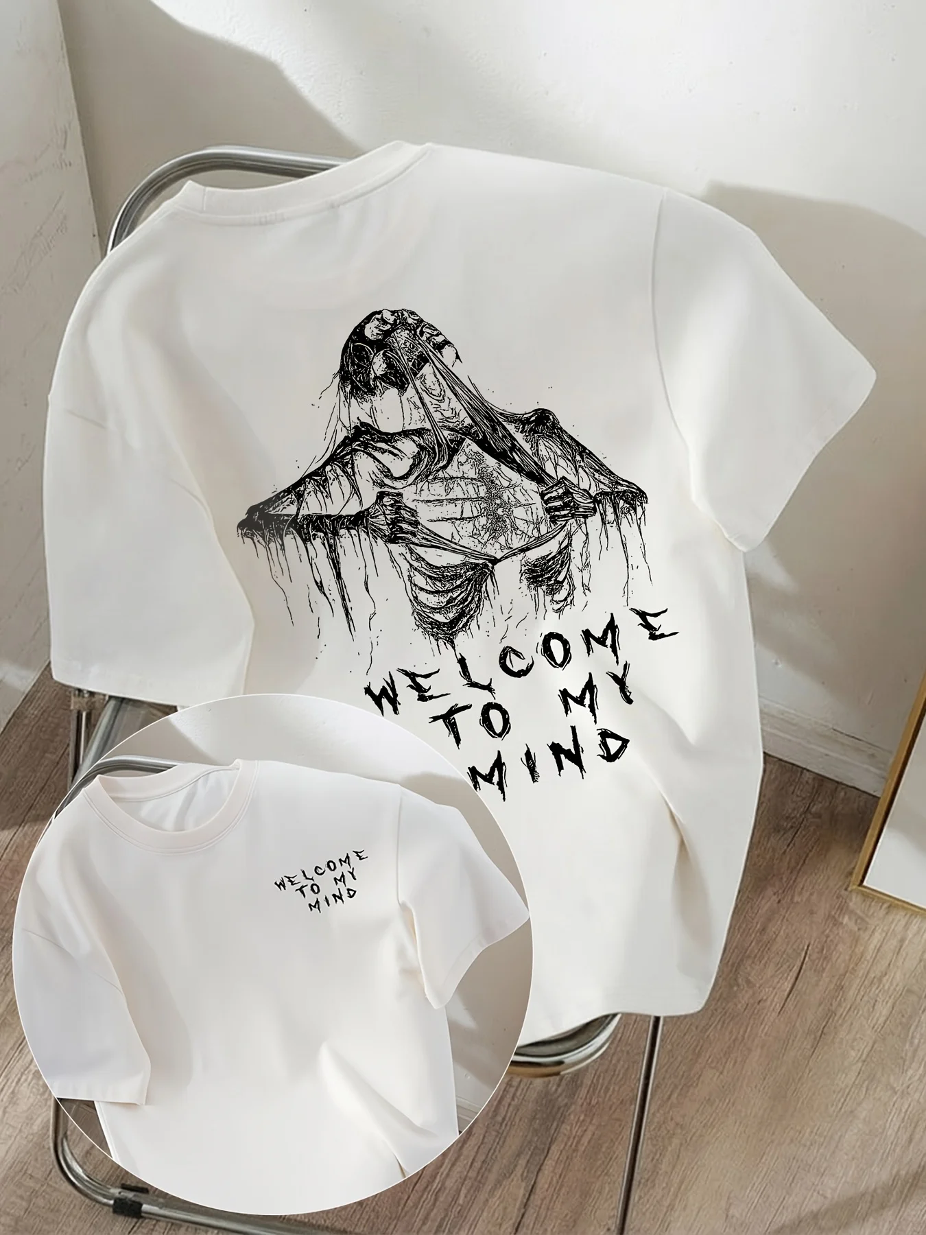 Welcome To My Mind  Print T Shirt Creepy Skeleton Demon Sketch Graphic Horror Goth Streetwear Oversized Unisex Short Sleeve Tee