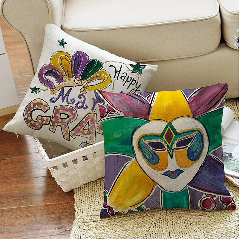 JFBL Hot 4Pcs Colorlife Mardi Gras Fleur De Lis Throw Pillow Covers, Masquerade Mask Bead Holiday Cushion Case For Sofa Couch