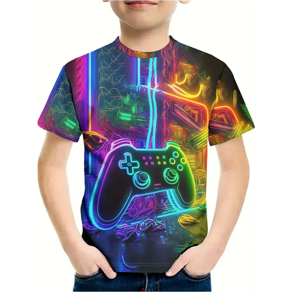 

T-Shirt for a Boy 3D Print Gamepad Doodle Boy's T-Shirts Casual Round Neck Short Sleeves Tops Kids Summer Children's Clothing