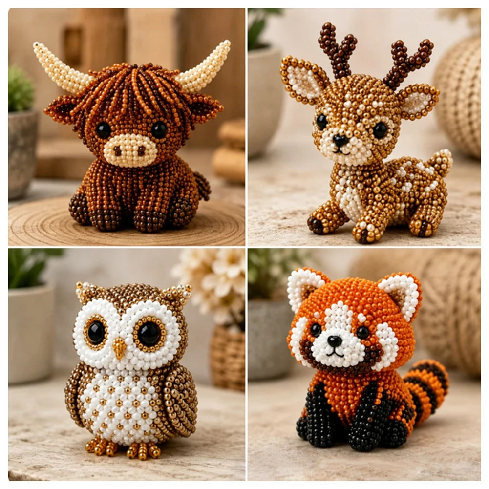 3D DIY Beaded Animal Craft Kit Cute Animals Beading Craft Set Hand-made Cute Bead Art Set for Adults Teens Home Decoration
