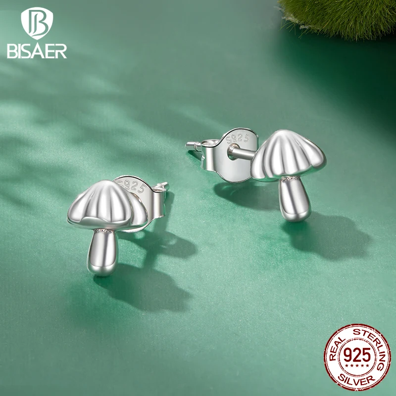 BISAER 100% 925 Sterling Silver Cute Mushroom Stud Earrings Oxidized silver For Women Party Fine Jewelry Gift ECE1818